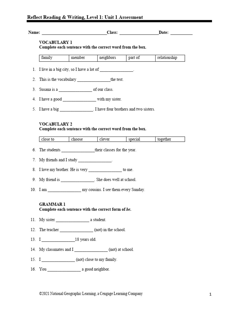 Reflect Ev RW L1u1 Test | PDF | Grammar | Linguistics