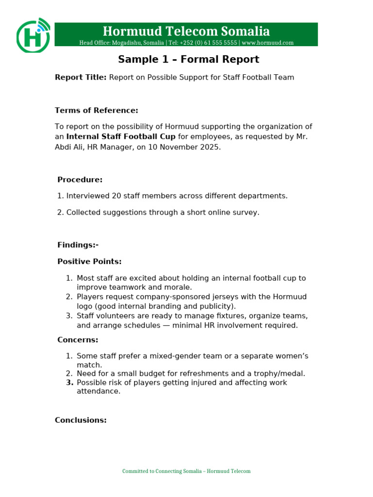 Hormuud Telecom Staff Football Cup Report | PDF