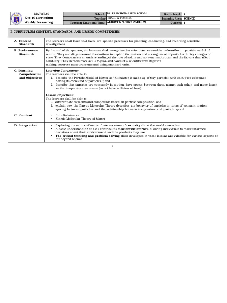 Science 7 Week 2 Lesson Plan: KMT | PDF | Gases | Molecules