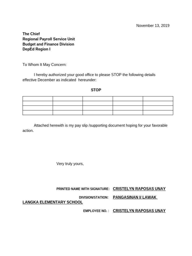 Payroll Stop Request for Cristelyn Unay | PDF