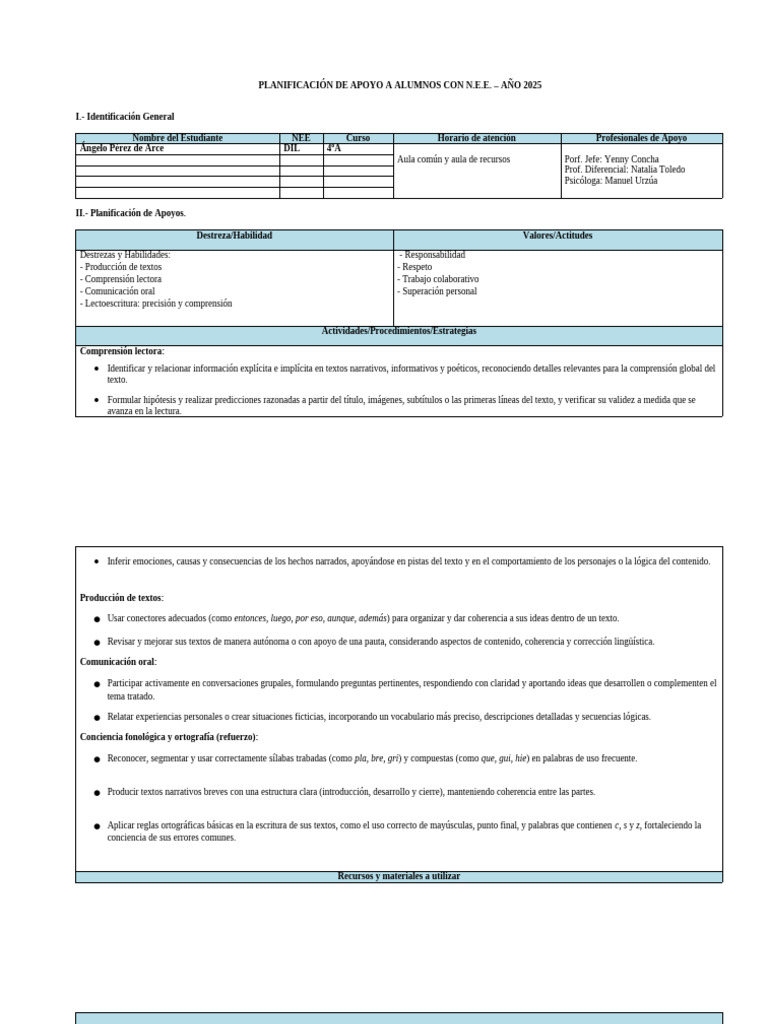 Plan de Apoyo para Estudiantes N.E.E. 2025 | PDF | Comprensión lectora ...