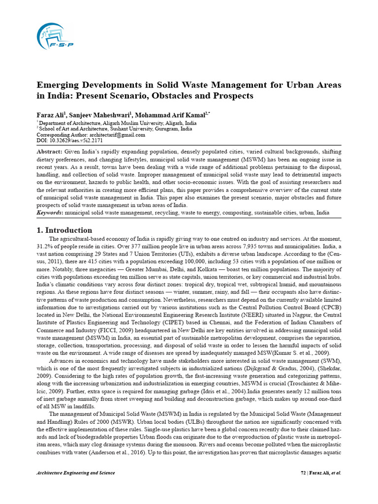 Emerging Developments in Solid Waste Management For Urban Areas in ...