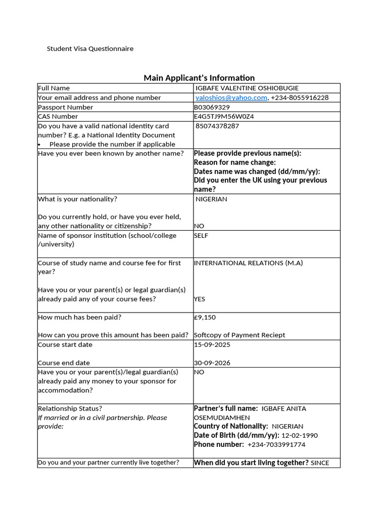 Student Visa Questionnaire Edited | PDF | Travel Visa | Identity Document