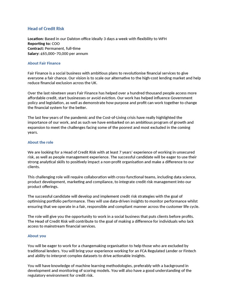 Head of Credit Risk Job Decscription - Fair Finance | PDF | Regulatory ...