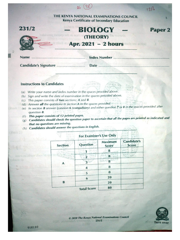 Biology Paper 2 Marking Scheme KCSE 2020 Teacher - Ac | PDF