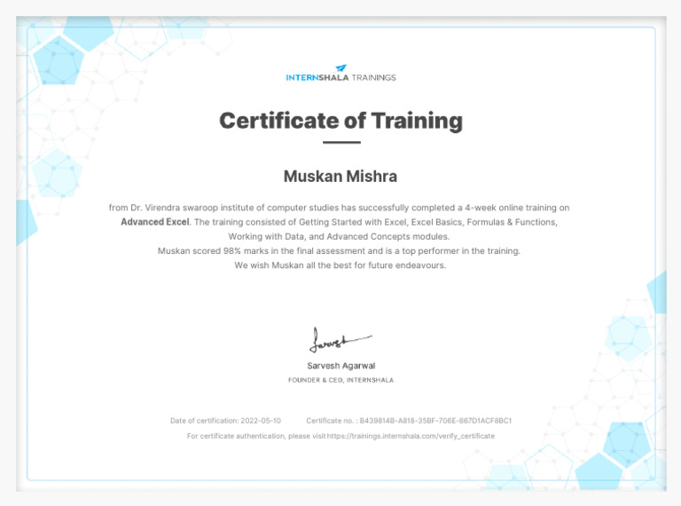 Advanced Excel Training - Certificate of Completion | PDF