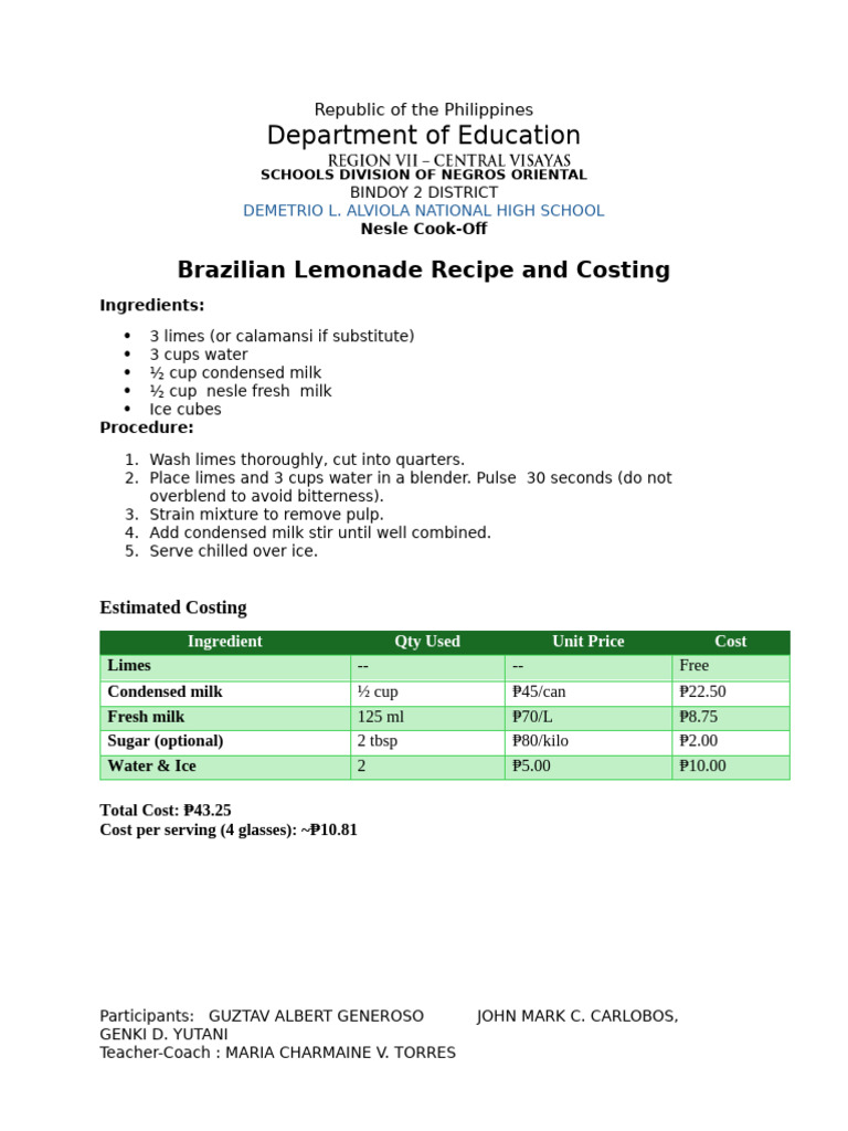Brazilian Lemonade Recipe & Costing Guide | PDF