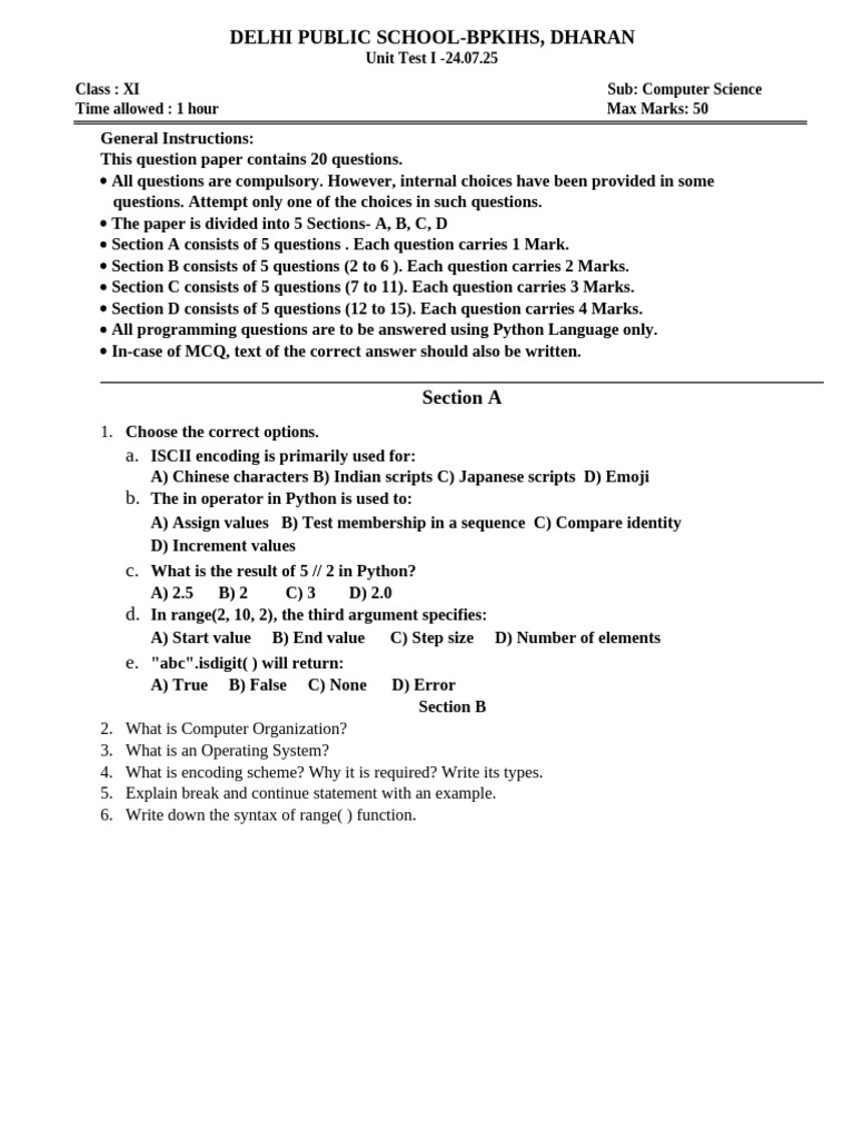 CLass XI UT-I | PDF | Multiple Choice | Computer Programming