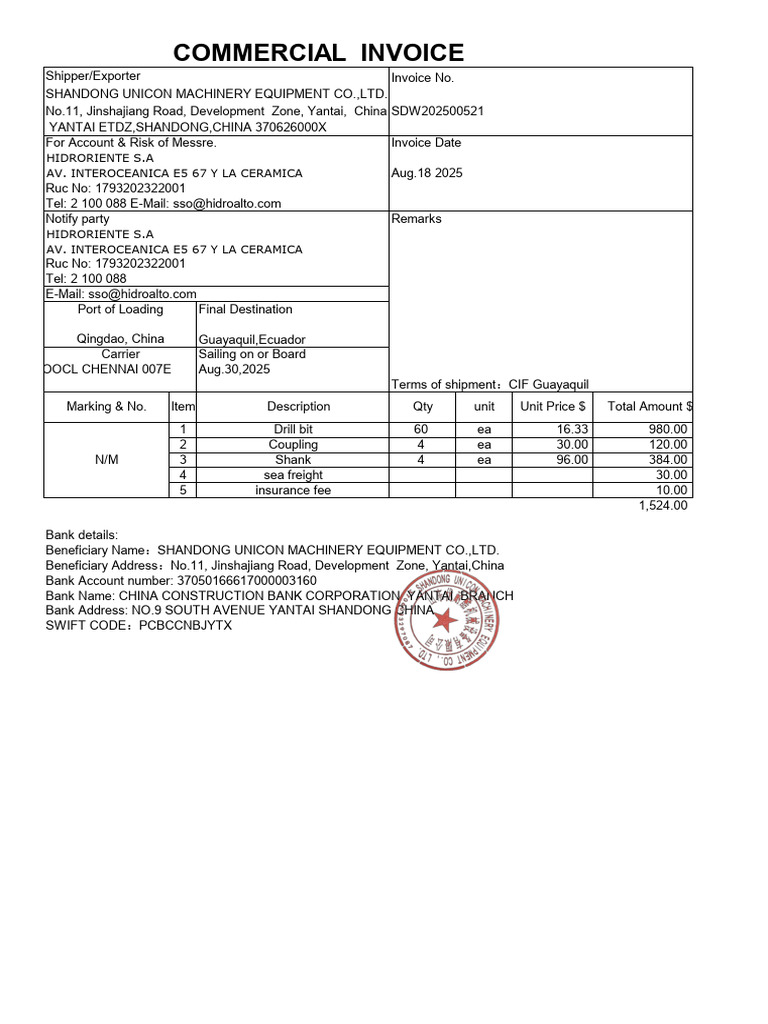 Commercial Invoice for Machinery Shipment | PDF | Transport | Trade