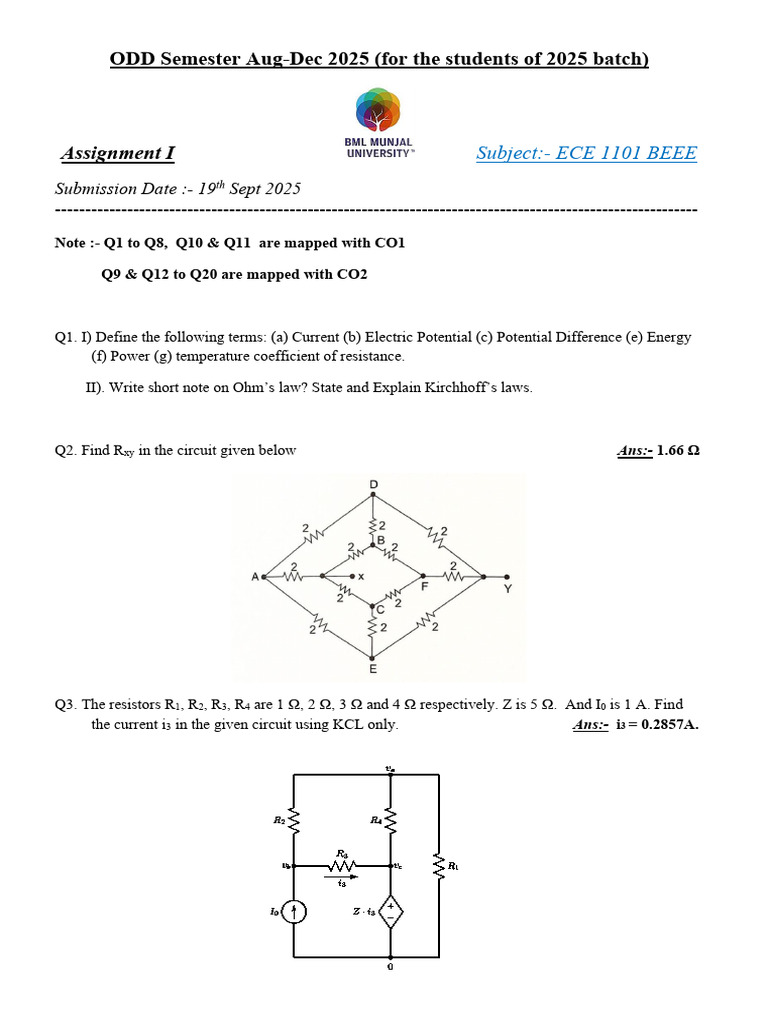 ECE 1101 BEEE Assignment I Overview | PDF | Electrical Network ...