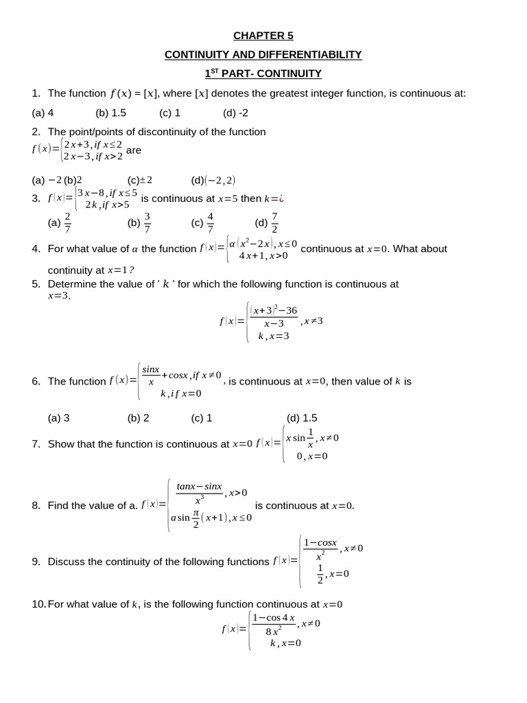Continuity and Differentiability Problems | PDF | Derivative | Function ...