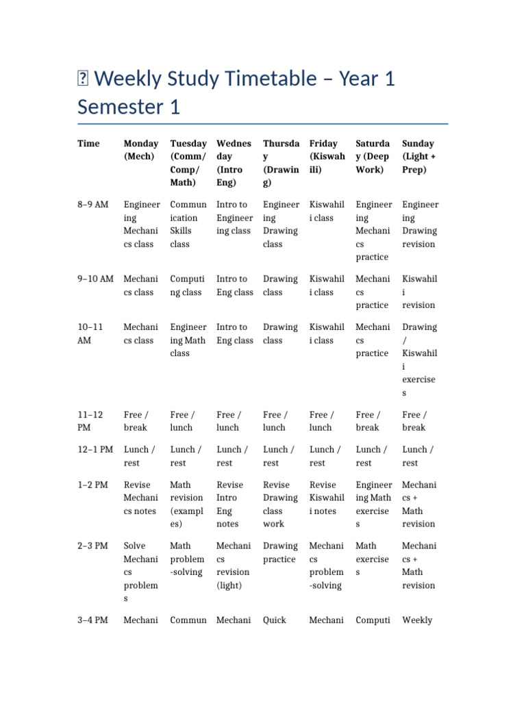 Year 1 Weekly Study Timetable | PDF