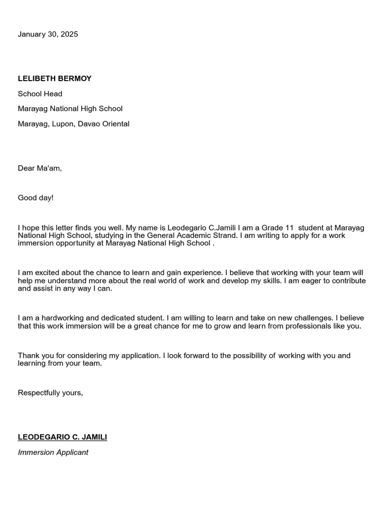 Work Immersion Application Letter | PDF