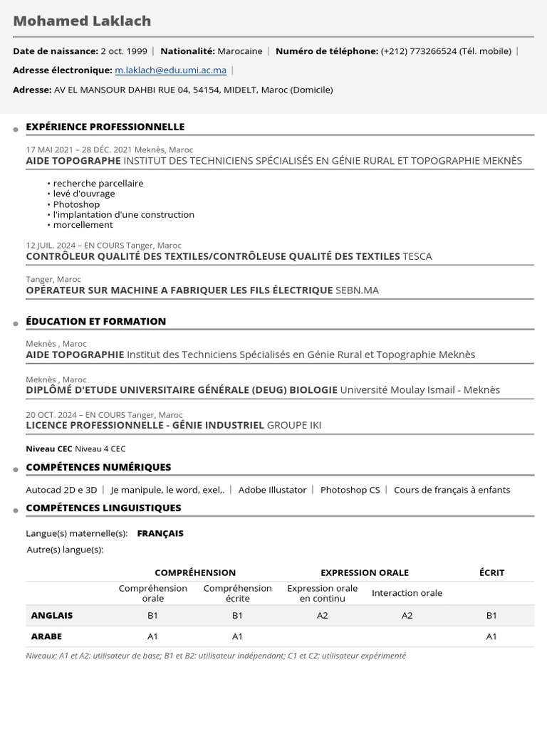 CV de Mohamed Laklach - Topographe et Qualité | PDF