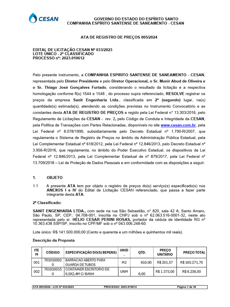 Ata de Registro de Preços CESAN 2024 | PDF | Governança | Ciência Política