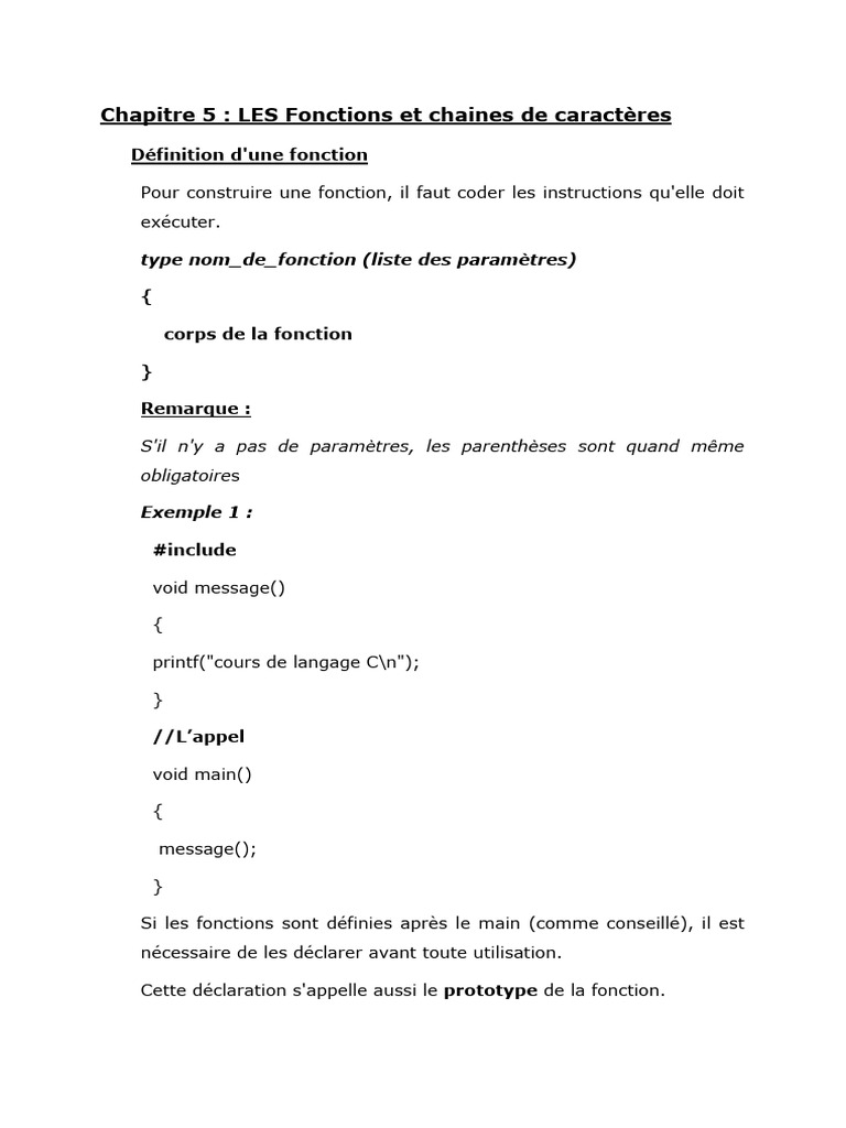 Fonctions et chaînes en C : Guide complet | PDF | C (Langage de ...