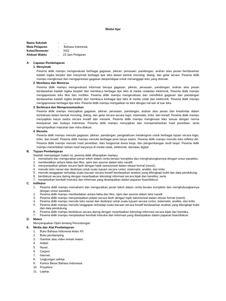 Modul Ajar Bahasa Indo Bab 4 | PDF