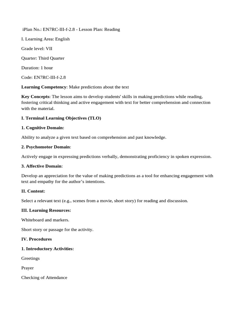 Lesson Plan: Making Predictions in Reading | PDF | Reading ...