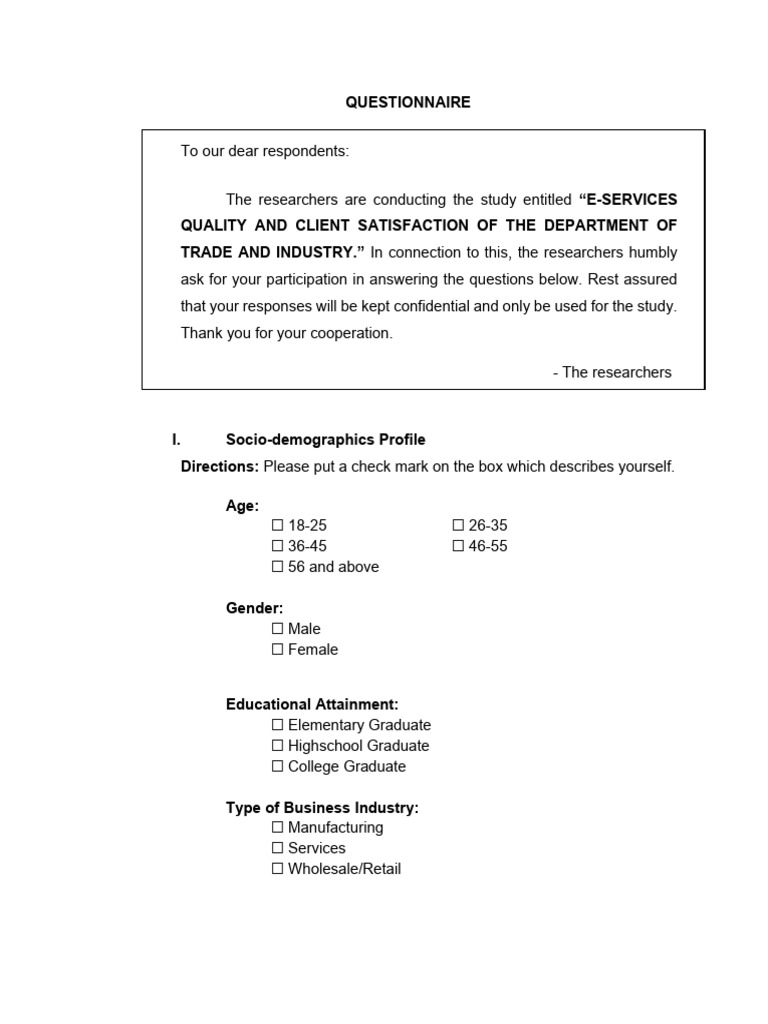 Questionnaire For PilotTesting BSOA 4B Group 1 | PDF