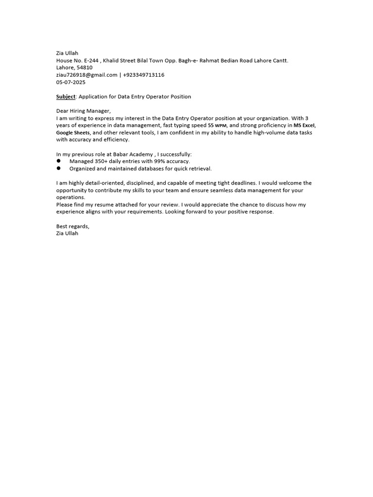 Data Entry Operator Application by Zia Ullah | PDF