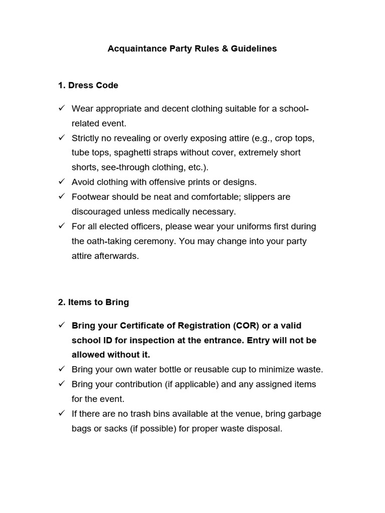 Acquaintance Party Guidelines and Dress Code | PDF