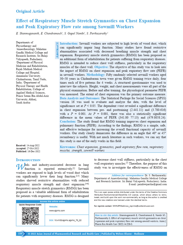 RMSG Improves Lung Function in Sawmill Workers | PDF | Physical Therapy ...