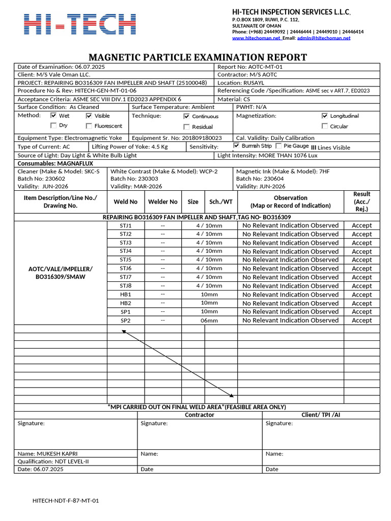Magnetic Particle Examination Report | PDF | Mechanical Engineering ...