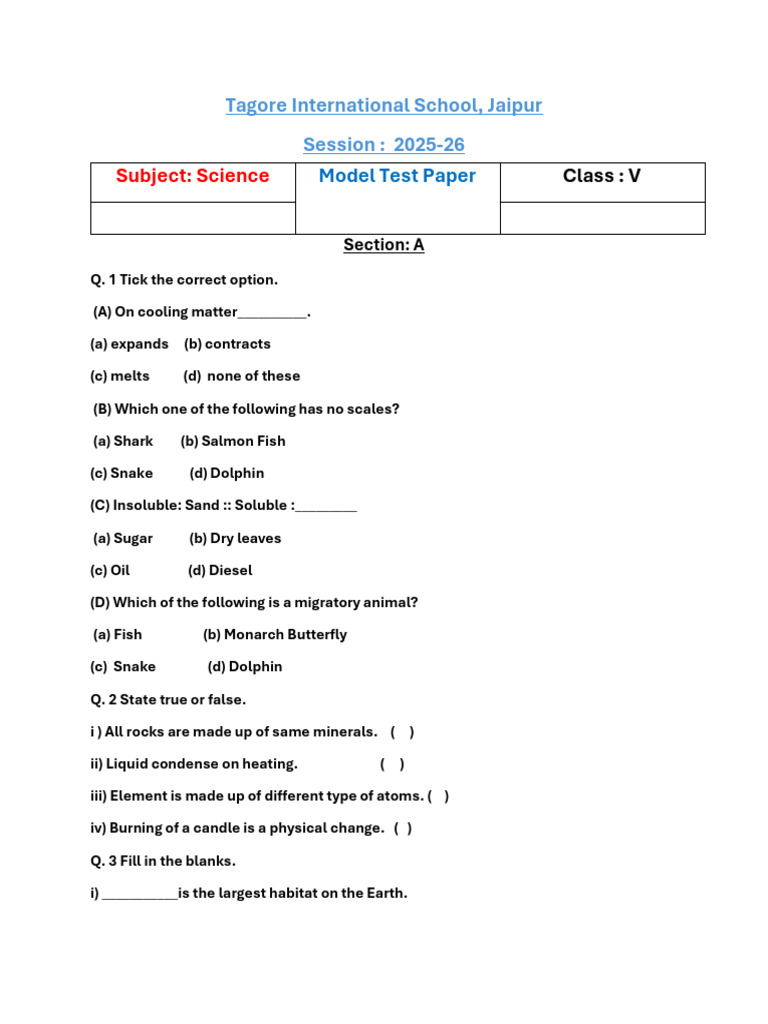 Class 5 Science Model Test Paper 2025 | PDF
