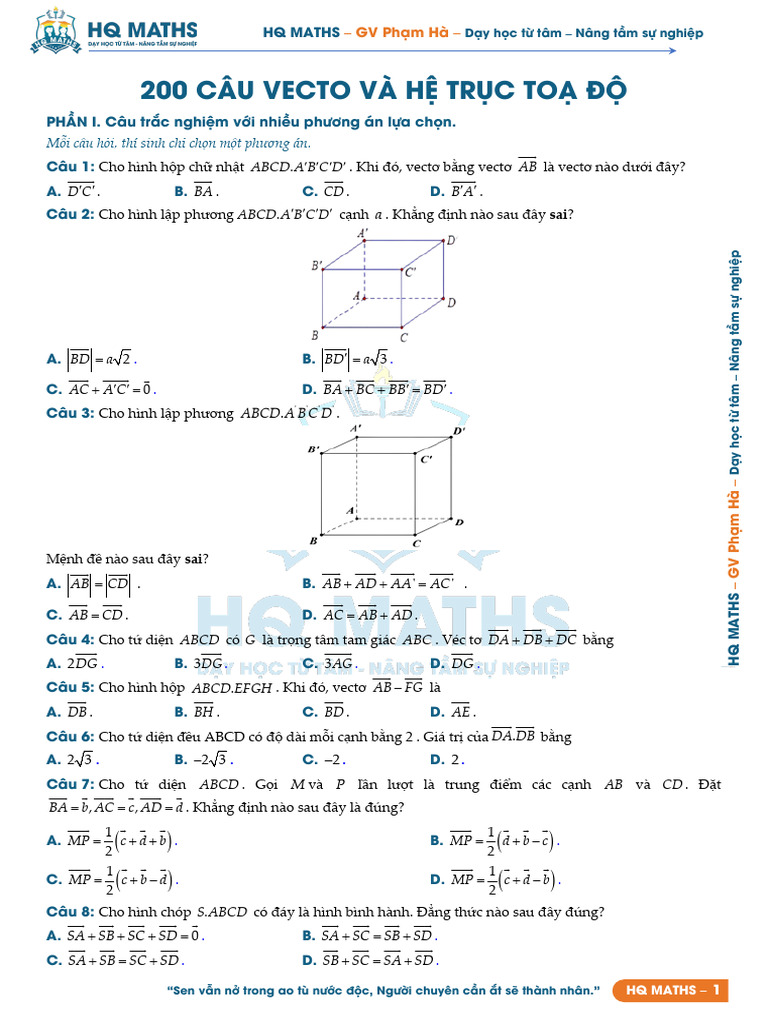 200 Câu Vecto Và Hệ Trục Toạ Độ | PDF