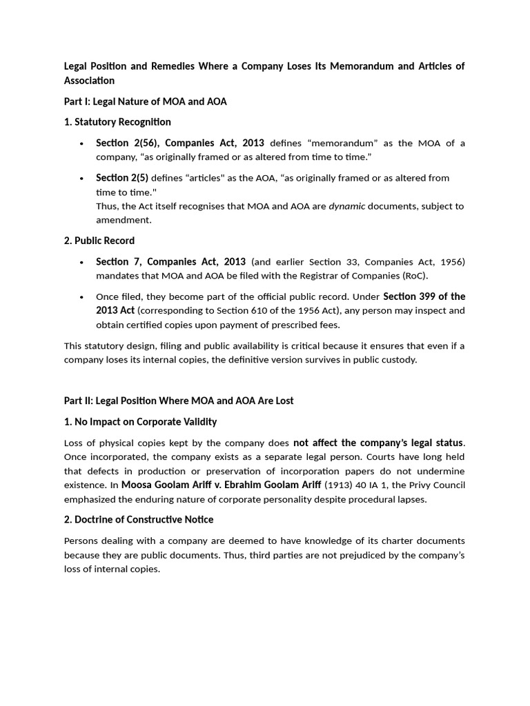 Legal Position and Remedies Where A Company Loses Its Memorandum and ...