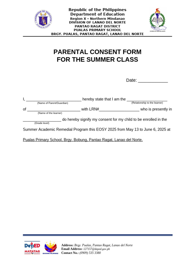 Pualas Primary School Summer Class Consent | PDF