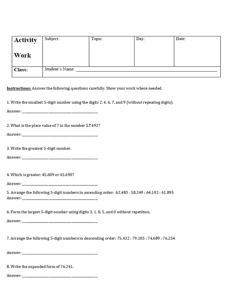 5-Digit Number Activities Worksheet | PDF