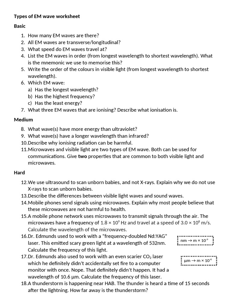 Types of em Wave Worksheet | PDF