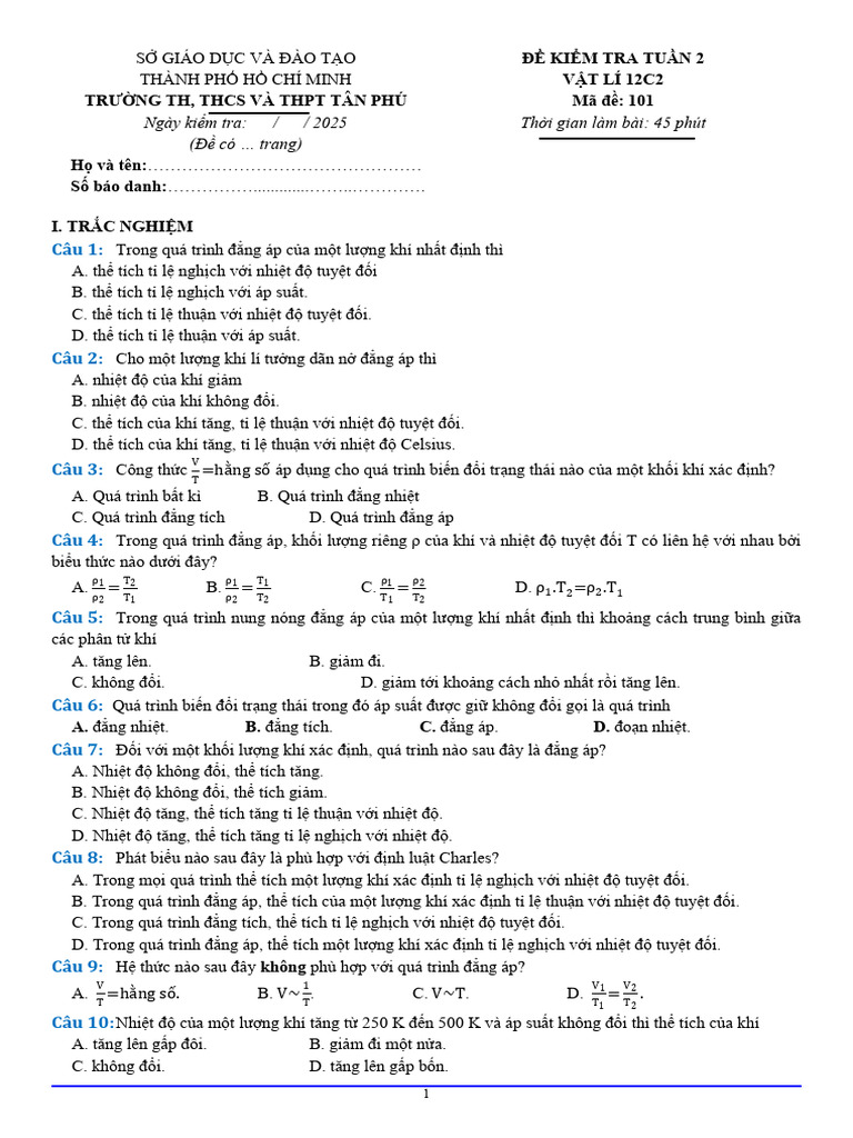 ĐỀ KIỂM TRA TUẦN 2 LÍ 12C2 mã đề 101 | PDF
