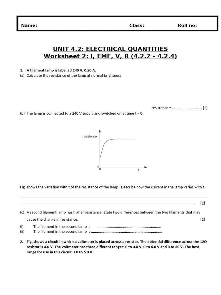 Electrical Quantities Worksheet 2 | PDF | Voltage | Electronic Engineering