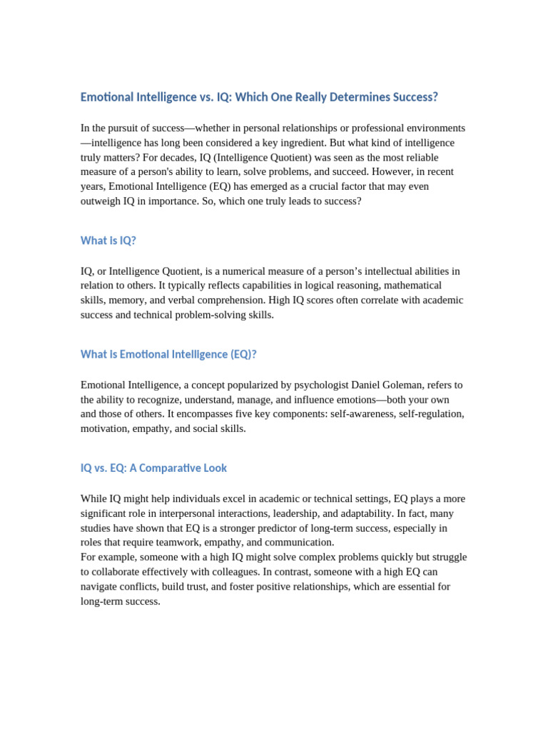 Emotional Intelligence vs. IQ: Success Factors | PDF | Emotional ...