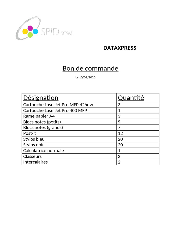 Bon de commande fournitures bureau | PDF