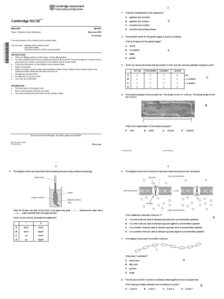 Cambridge IGCSE Biology Paper 2 MCQ 2023 | PDF | Zygosity | Biology
