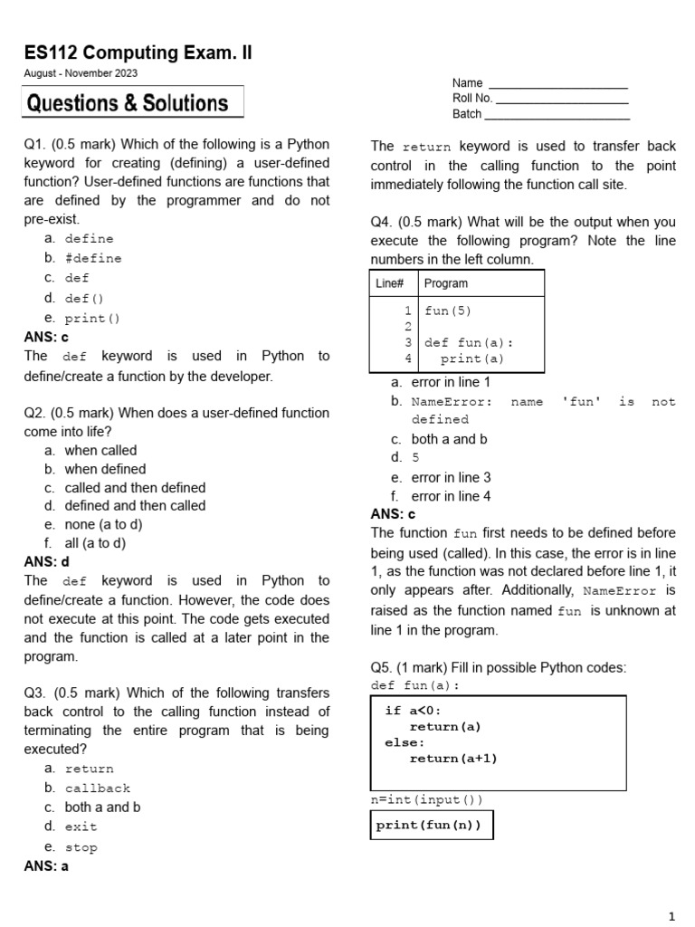 Python Function Exam Questions 2023 | PDF | Computer Data Storage ...