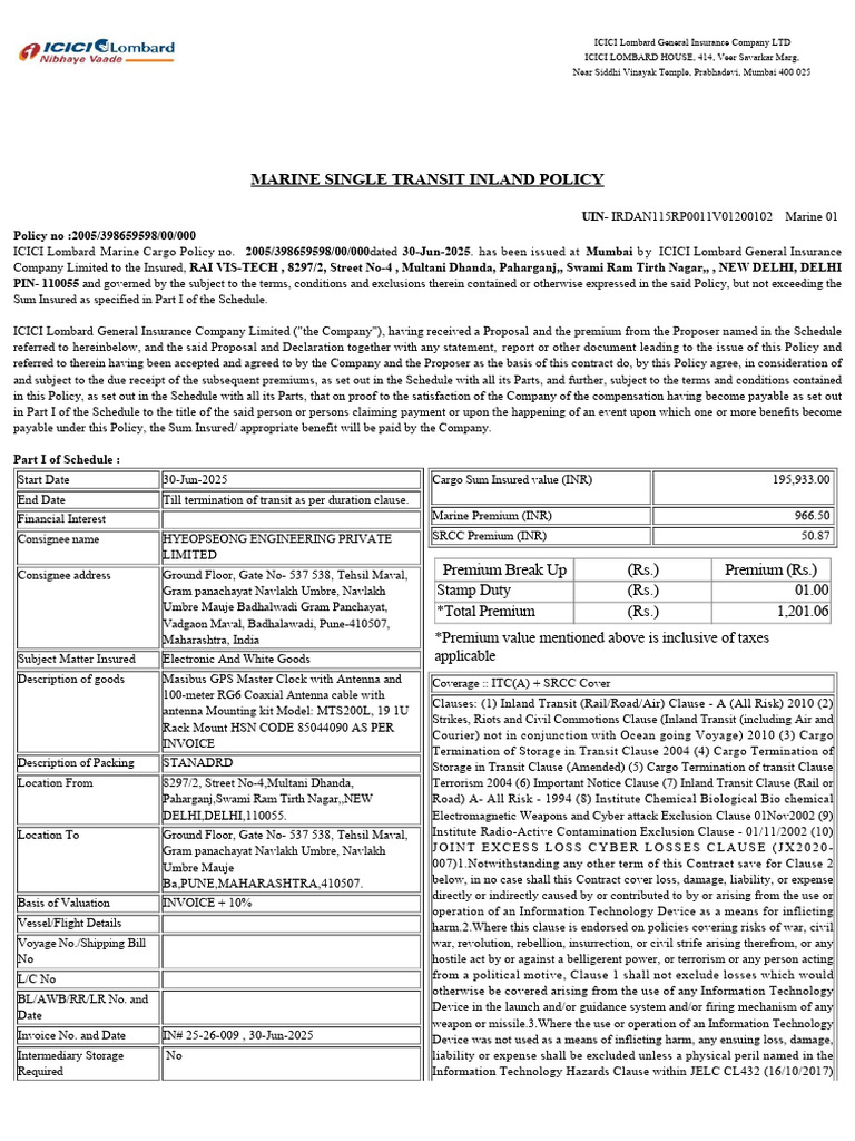 Marine Cargo Insurance Policy Details | PDF | Cargo | Insurance