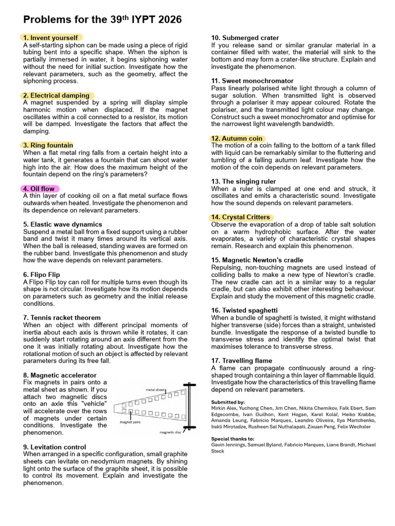 IYPT 2026 Problem Set Overview | PDF | Rotation | Waves