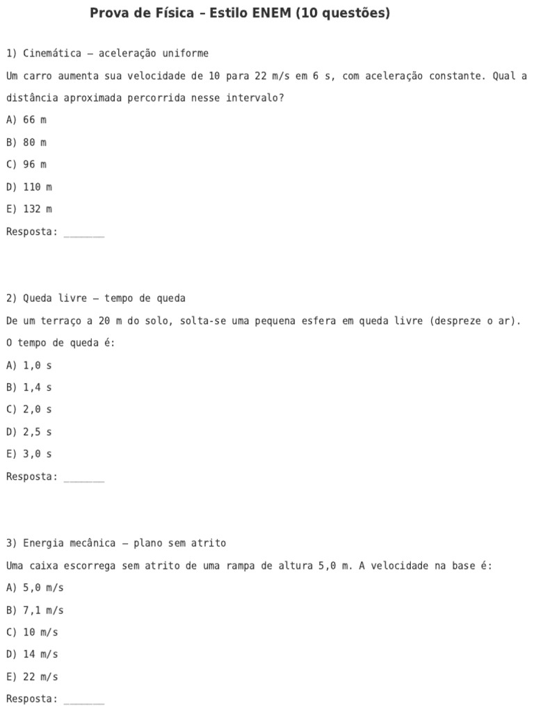 Questões de Física ENEM Resolvidas | PDF