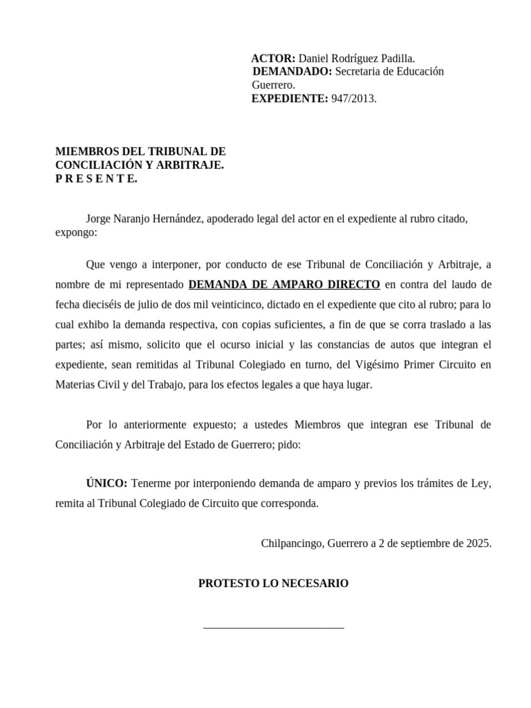 Demanda de Amparo Directo 947/2013 | PDF | Caso de ley | Derecho laboral