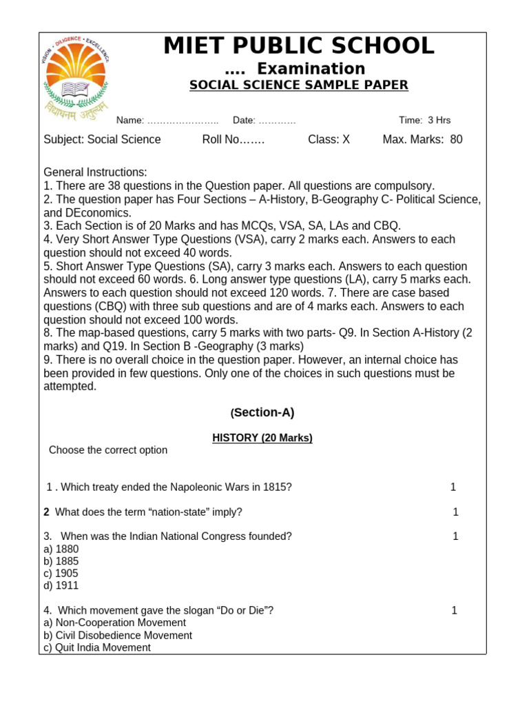 Class X Social Science Sample Paper | PDF