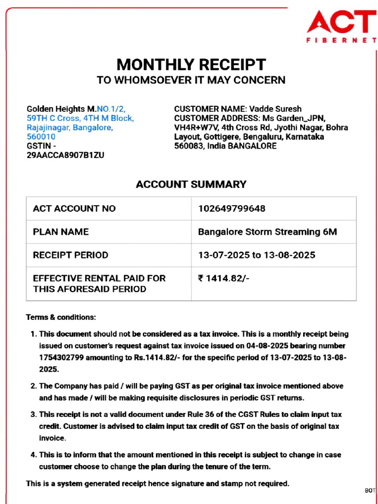 Monthly Receipt for ACT FiberNet Service | PDF