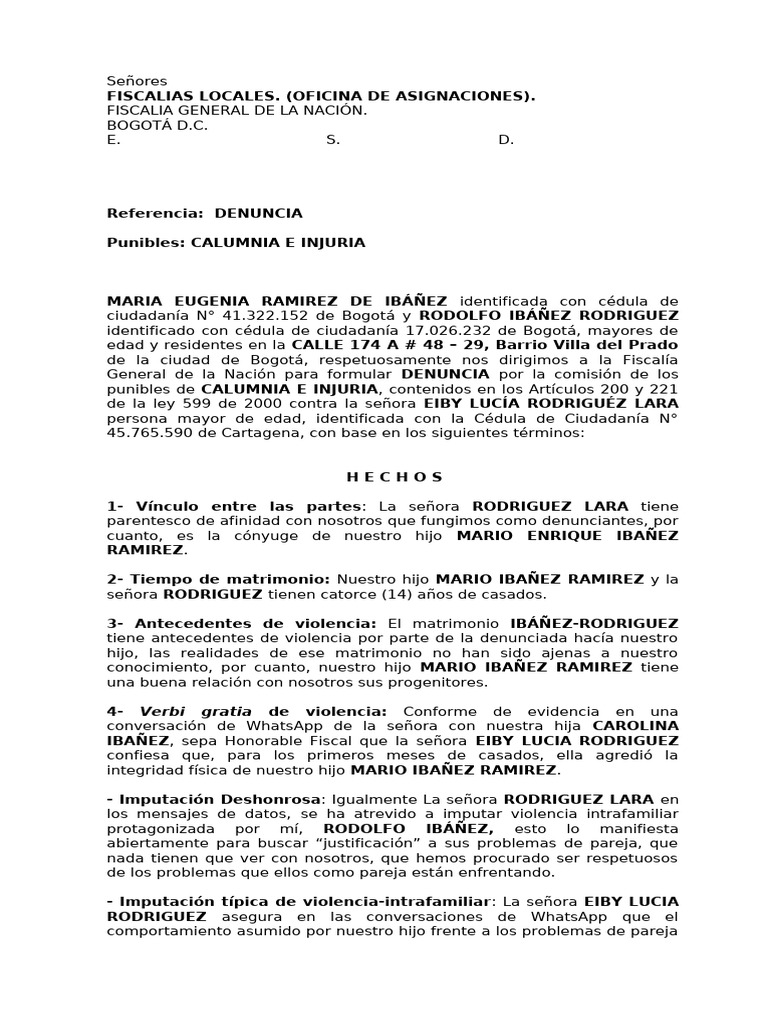 Denuncia por Calumnia e Injuria en Bogotá | PDF | Justicia | Crimen y ...