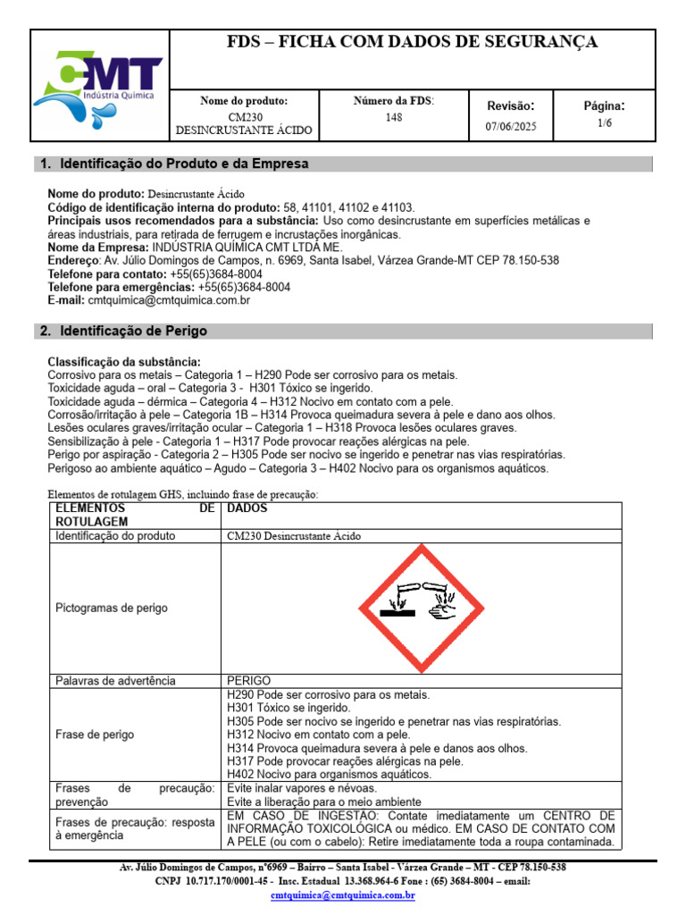Ficha de Segurança do Desincrustante Ácido CM230 | PDF | Toxicidade ...