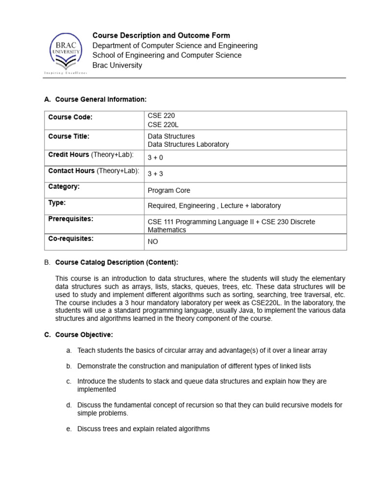 CSE 220 Data Structures Syllabus | PDF | Software Engineering ...