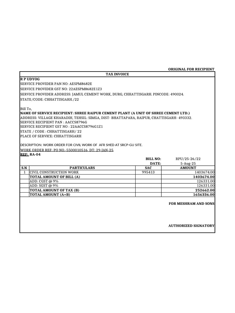 Tax Invoice for Civil Work at SRCP | PDF | Concrete | Civil Engineering