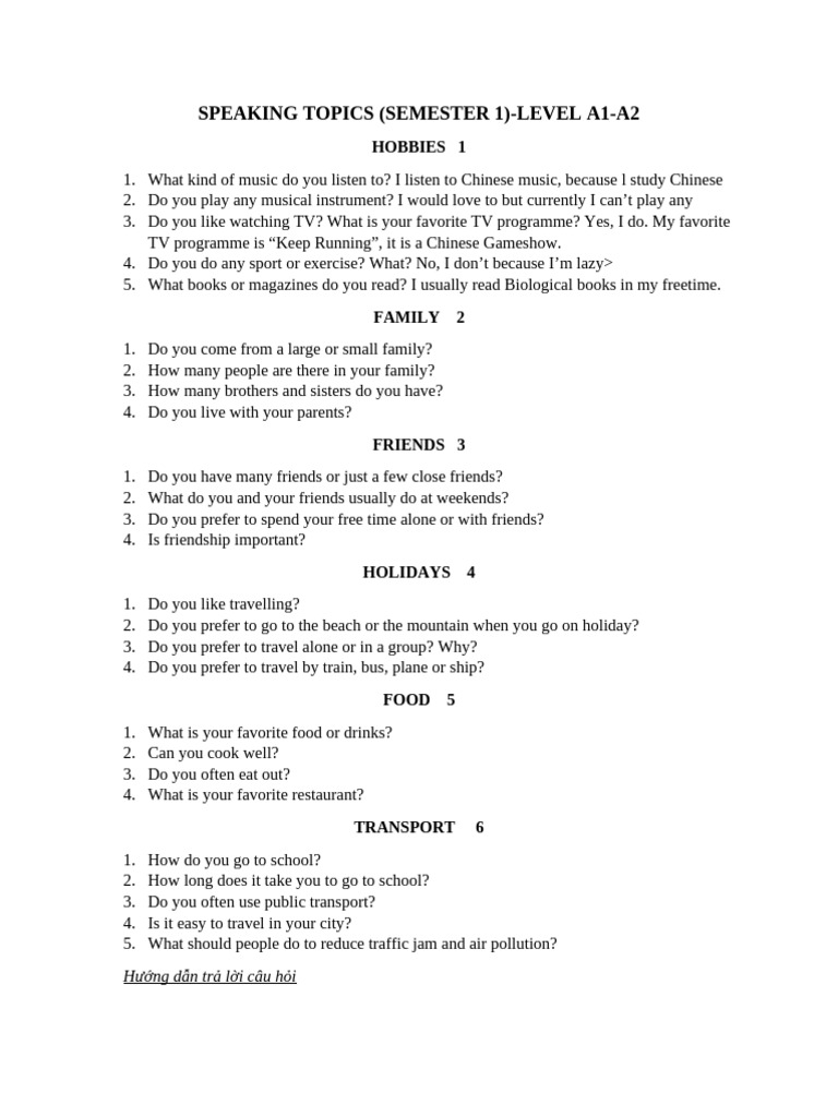 A1-A2 Speaking Topics Guide | PDF | Transport